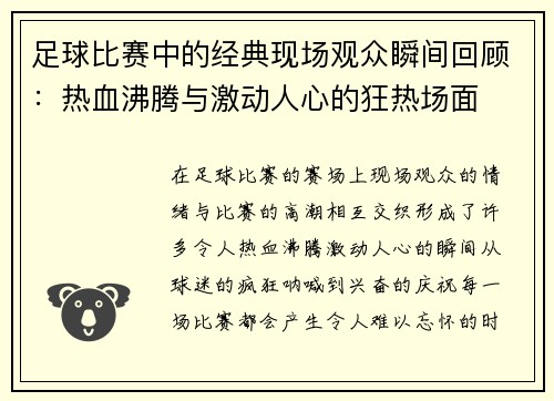 足球比赛中的经典现场观众瞬间回顾：热血沸腾与激动人心的狂热场面